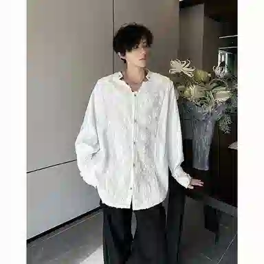 木林森 美式高街复古个性蕾丝立体花卉宫廷刺绣重工奢华感潮流个性百搭文艺风宽松休闲痞帅长袖衬衫 男女同款 白色