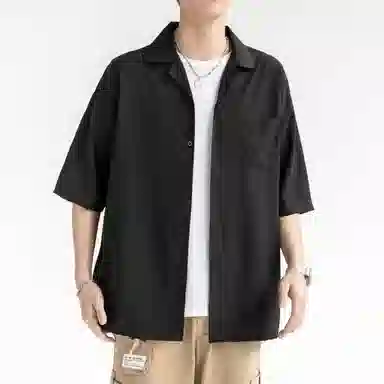 袋鼠 美式复古基础款简约纯色宽松休闲单排扣轻薄透气凉感翻领短袖衬衫 男女同款