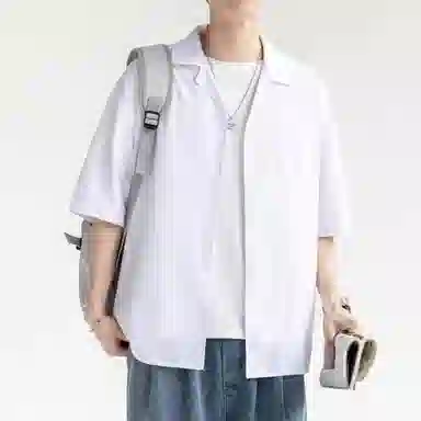 袋鼠 美式复古基础款简约纯色宽松休闲单排扣轻薄透气凉感翻领短袖衬衫 男女同款