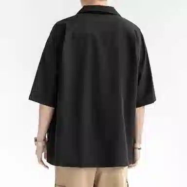 袋鼠 美式复古基础款简约纯色宽松休闲单排扣轻薄透气凉感翻领短袖衬衫 男女同款