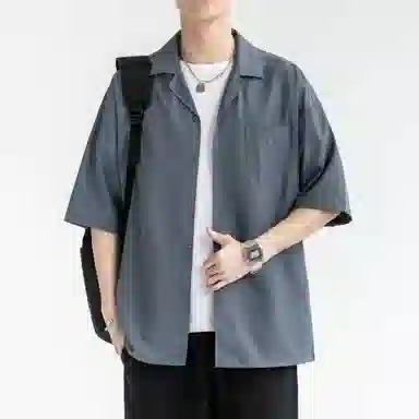 袋鼠 美式复古基础款简约纯色宽松休闲单排扣轻薄透气凉感翻领短袖衬衫 男女同款