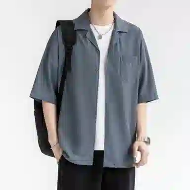 袋鼠 美式复古基础款简约纯色宽松休闲单排扣轻薄透气凉感翻领短袖衬衫 男女同款