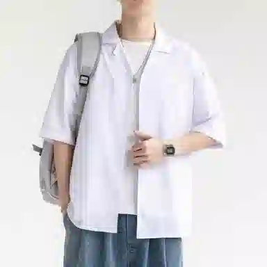 袋鼠 美式复古基础款简约纯色宽松休闲单排扣轻薄透气凉感翻领短袖衬衫 男女同款