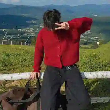 我是大卫 本命年喜庆小领口外套韩版宽松百搭休闲针织衫 男女同款 红色