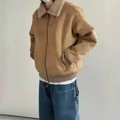 我是大卫 轻熟仿麂皮绒羊羔毛冬季美拉德复古加厚保暖过冬棉服外套潮夹克 男女同款 卡其色