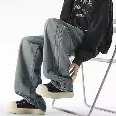 【dme】 时尚简约基础款宽松休闲长裤美式高街拼接设计中腰百搭直筒垂感牛仔裤 男女同款