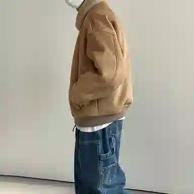 我是大卫 轻熟仿麂皮绒羊羔毛冬季美拉德复古加厚保暖过冬棉服外套潮夹克 男女同款 卡其色