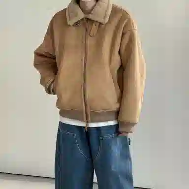 我是大卫 轻熟仿麂皮绒羊羔毛冬季美拉德复古加厚保暖过冬棉服外套潮夹克 男女同款 卡其色