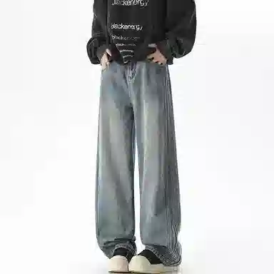 【dme】 时尚简约基础款宽松休闲长裤美式高街拼接设计中腰百搭直筒垂感牛仔裤 男女同款