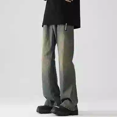 大卫贝肯 美式复古潮流街头风宽松休闲百搭口袋鲨鱼鳃设计中腰直筒水洗做旧牛仔裤 男女同款