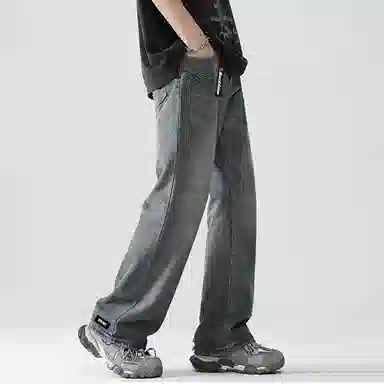 大卫贝肯 美式复古潮流街头风宽松休闲百搭口袋鲨鱼鳃设计中腰直筒水洗做旧牛仔裤 男女同款