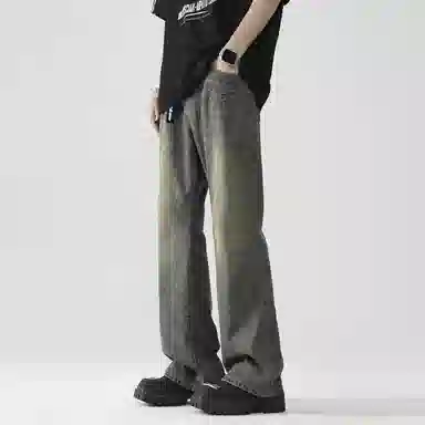 大卫贝肯 美式复古潮流街头风宽松休闲百搭口袋鲨鱼鳃设计中腰直筒水洗做旧牛仔裤 男女同款