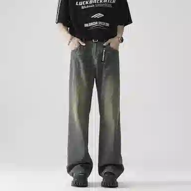 大卫贝肯 美式复古潮流街头风宽松休闲百搭口袋鲨鱼鳃设计中腰直筒水洗做旧牛仔裤 男女同款