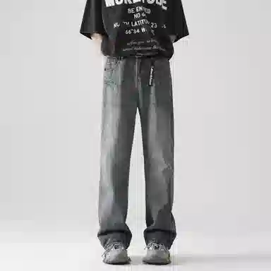 大卫贝肯 美式复古潮流街头风宽松休闲百搭口袋鲨鱼鳃设计中腰直筒水洗做旧牛仔裤 男女同款