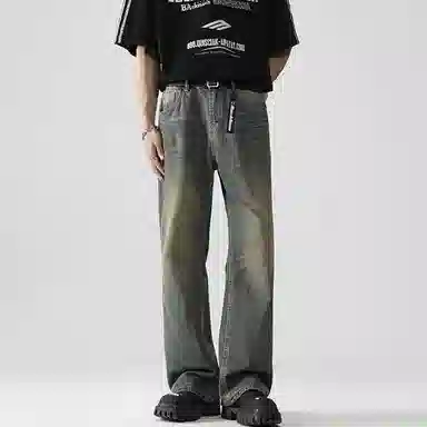 大卫贝肯 美式复古潮流街头风宽松休闲百搭口袋鲨鱼鳃设计中腰直筒水洗做旧牛仔裤 男女同款