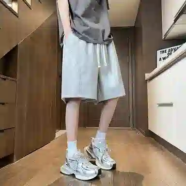 物质公式 美式复古简约学生党纯色基础款日系宽松百搭透气中腰潮牌篮球跑步运动薄款速干沙滩裤系带抽绳直筒五分裤休闲短裤 男女同款