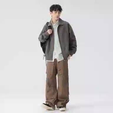 稻草人 拉链纯色翻领百搭宽松短款夹克外套 男女同款