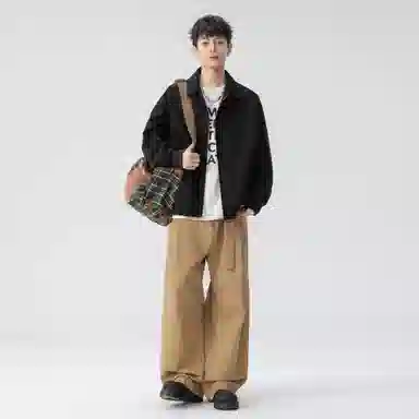 稻草人 拉链纯色翻领百搭宽松短款夹克外套 男女同款