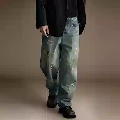 贵色 夏季 贵色美式高街重磅水喷漆设计感弯刀裤男士青少年泼墨脏染破坏慵懒松弛感废土风休闲阔腿拖地裤牛仔裤 宽松 男女同款 复古蓝