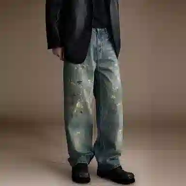 贵色 夏季 贵色美式高街重磅水喷漆设计感弯刀裤男士青少年泼墨脏染破坏慵懒松弛感废土风休闲阔腿拖地裤牛仔裤 宽松 男女同款 复古蓝