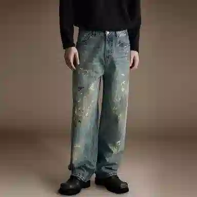 贵色 夏季 贵色美式高街重磅水喷漆设计感弯刀裤男士青少年泼墨脏染破坏慵懒松弛感废土风休闲阔腿拖地裤牛仔裤 宽松 男女同款 复古蓝