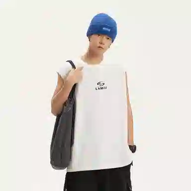 兰缪 日系纯色基础款简约宽松直筒圆领百搭休闲字母透气圆领纯棉无袖背心 男女同款