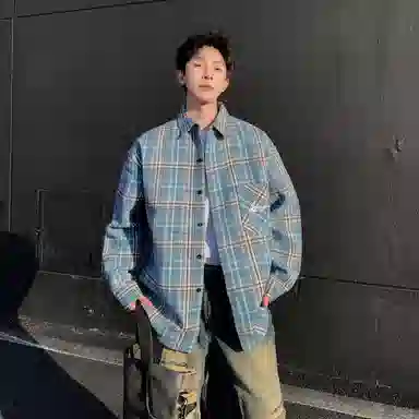 红蜻蜓 美式简约格子条纹休闲宽松百搭潮流长袖衬衫 男女同款