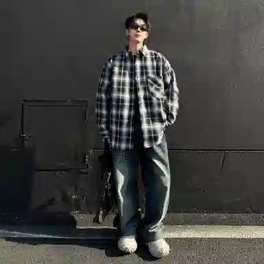 红蜻蜓 美式简约格子条纹休闲宽松百搭潮流长袖衬衫 男女同款