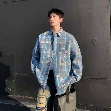 红蜻蜓 美式简约格子条纹休闲宽松百搭潮流长袖衬衫 男女同款