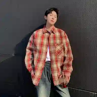 红蜻蜓 美式简约格子条纹休闲宽松百搭潮流长袖衬衫 男女同款