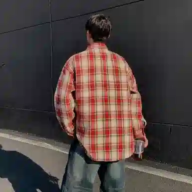 红蜻蜓 美式简约格子条纹休闲宽松百搭潮流长袖衬衫 男女同款