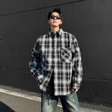 红蜻蜓 美式简约格子条纹休闲宽松百搭潮流长袖衬衫 男女同款