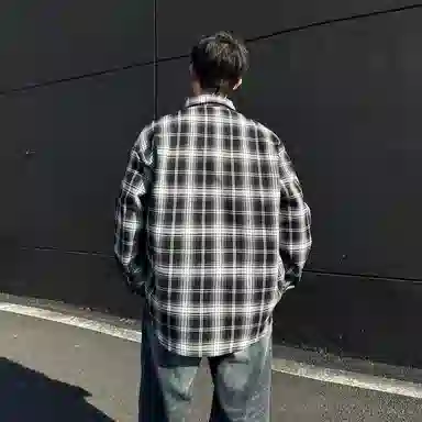 红蜻蜓 美式简约格子条纹休闲宽松百搭潮流长袖衬衫 男女同款