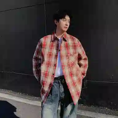 红蜻蜓 美式简约格子条纹休闲宽松百搭潮流长袖衬衫 男女同款