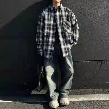 红蜻蜓 美式简约格子条纹休闲宽松百搭潮流长袖衬衫 男女同款