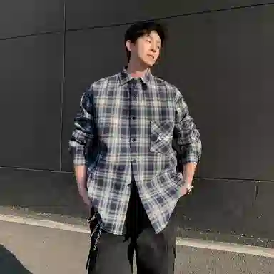 红蜻蜓 美式简约格子条纹休闲宽松百搭潮流长袖衬衫 男女同款