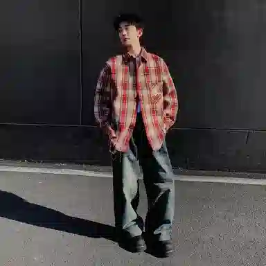 红蜻蜓 美式简约格子条纹休闲宽松百搭潮流长袖衬衫 男女同款