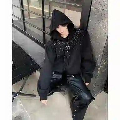 木林森 美式高街复古潮流连帽设计感垫肩拉链开衫百搭宽松休闲卫衣 男女同款 黑色