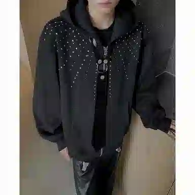 木林森 美式高街复古潮流连帽设计感垫肩拉链开衫百搭宽松休闲卫衣 男女同款 黑色