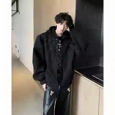 木林森 美式高街复古潮流连帽设计感垫肩拉链开衫百搭宽松休闲卫衣 男女同款 黑色