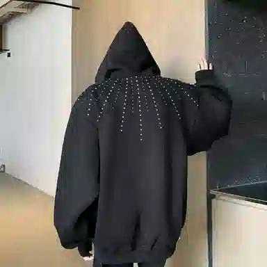 木林森 美式高街复古潮流连帽设计感垫肩拉链开衫百搭宽松休闲卫衣 男女同款 黑色