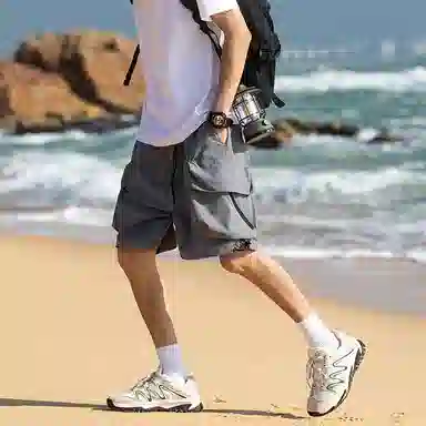 袋鼠 大口袋可自收纳吸湿速干轻薄冰感废土风牛仔运动裤工装短裤 男女同款