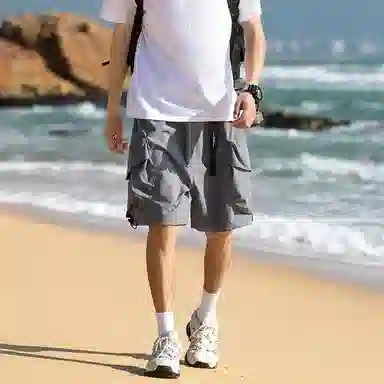 袋鼠 大口袋可自收纳吸湿速干轻薄冰感废土风牛仔运动裤工装短裤 男女同款