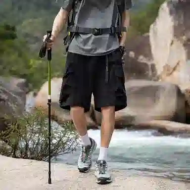 袋鼠 大口袋可自收纳吸湿速干轻薄冰感废土风牛仔运动裤工装短裤 男女同款