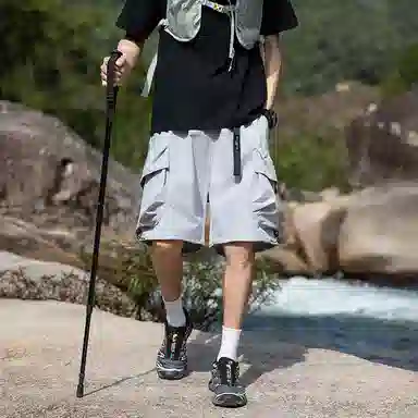 袋鼠 大口袋可自收纳吸湿速干轻薄冰感废土风牛仔运动裤工装短裤 男女同款