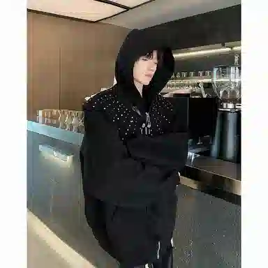 木林森 美式高街复古潮流连帽设计感垫肩拉链开衫百搭宽松休闲卫衣 男女同款 黑色