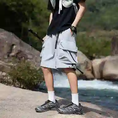 袋鼠 大口袋可自收纳吸湿速干轻薄冰感废土风牛仔运动裤工装短裤 男女同款