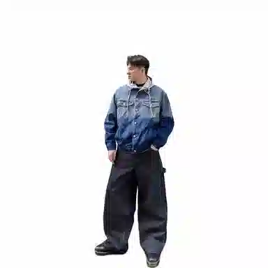 红蜻蜓 春秋连帽字母抽绳渐变色休闲百搭高街潮牌高级感宽松牛仔外套 男女同款 黑色