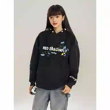 红蜻蜓 春秋显瘦简约小众美式高街休闲百搭高级感连帽卫衣 男女同款 黑色