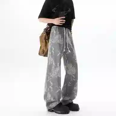 轻迎 设计师款花卉宽松个性牛仔裤 男款 灰色